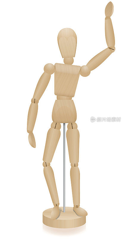 艺术家人体模型-波浪lay figure -三维人体模型与现实的木纹。孤立的矢量插图在白色的背景。